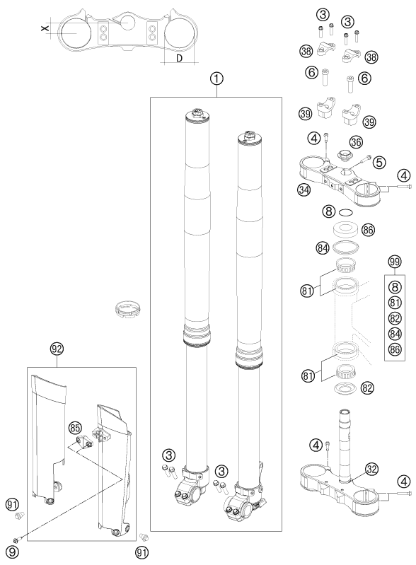 Explosionszeichnung der Baugruppe TELEGABEL, GABELBRÜCKE, Position 8 ist markiert