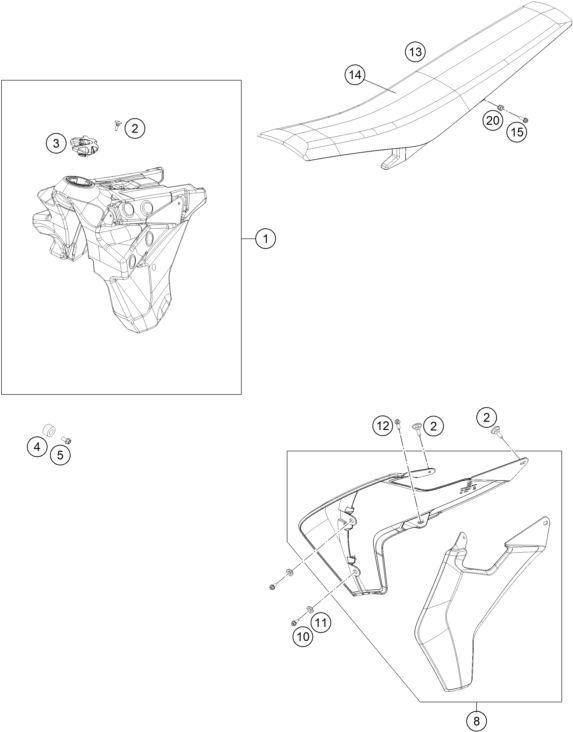 Explosionszeichnung der Baugruppe TANK, SITZBANK, Position 1 ist markiert