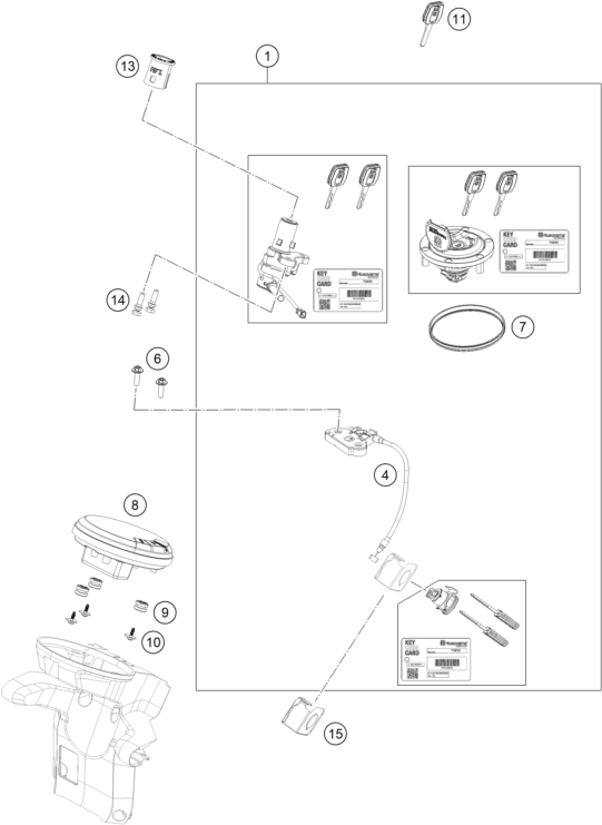 Explosionszeichnung der Baugruppe INSTRUMENTE / SCHLOSSSYSTEM, Position 13 ist markiert