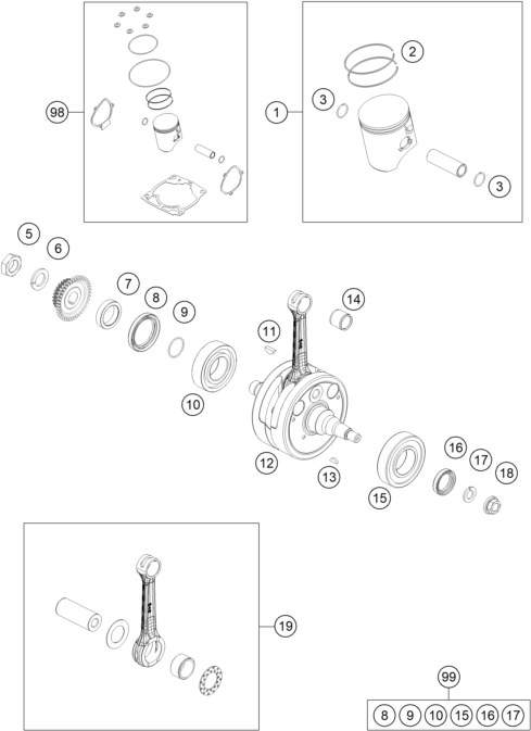 Explosionsgrafik KURBELWELLE, KOLBEN