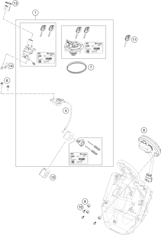 Explosionszeichnung der Baugruppe INSTRUMENTE / SCHLOSSSYSTEM, Position 1 ist markiert