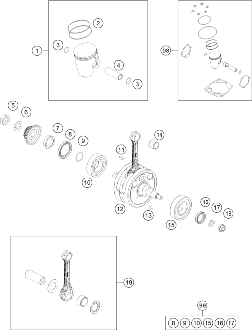 Explosionsgrafik KURBELWELLE, KOLBEN