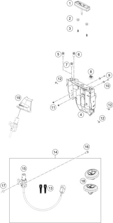 Explosionszeichnung der Baugruppe INSTRUMENTE / SCHLOSSSYSTEM, Position 18 ist markiert