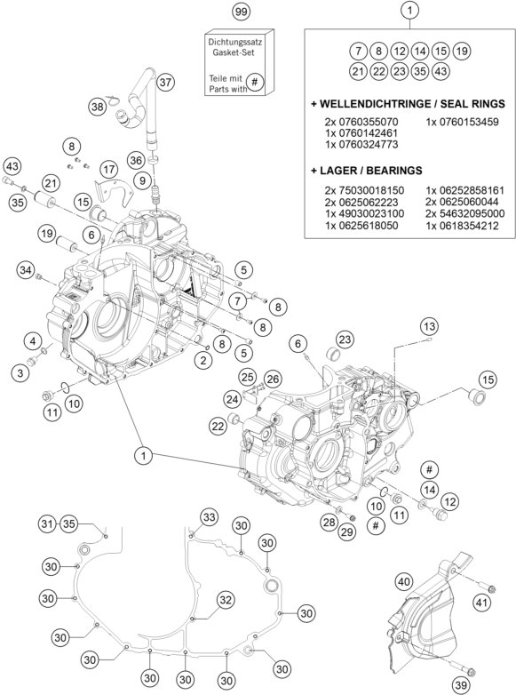 Explosionszeichnung der Baugruppe MOTORGEHÄUSE, Position 1 ist markiert
