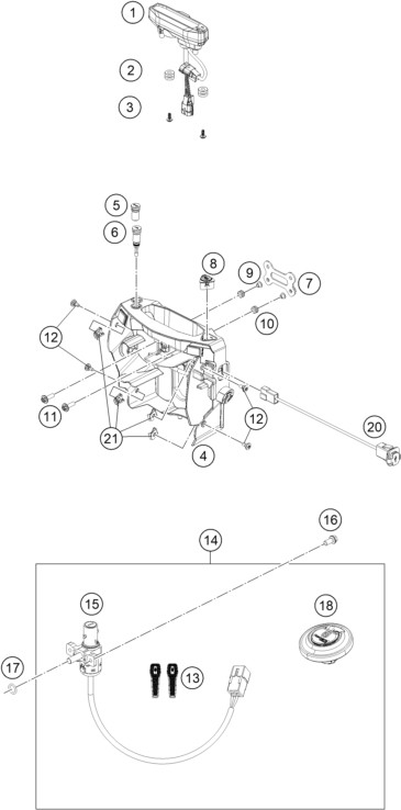 Explosionszeichnung der Baugruppe INSTRUMENTE / SCHLOSSSYSTEM, Position 20 ist markiert