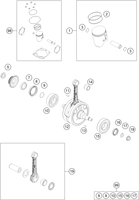 Explosionsgrafik KURBELWELLE, KOLBEN