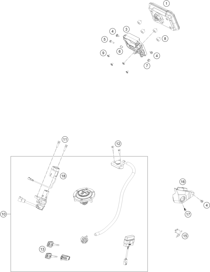Explosionszeichnung der Baugruppe INSTRUMENTE / SCHLOSSSYSTEM, Position 10 ist markiert