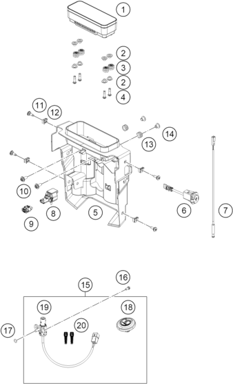 Explosionszeichnung der Baugruppe INSTRUMENTE / SCHLOSSSYSTEM, Position 8 ist markiert